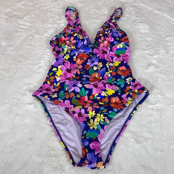Cupshe Floral One Piece Swimsuit Navy Blue Pink Yellow V-Neck Size Medium NWT - Picture 3 of 12